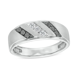 Men's 0.40 CT. T.W. Black and White Diamond Slanted Triple Row Band in Sterling Silver