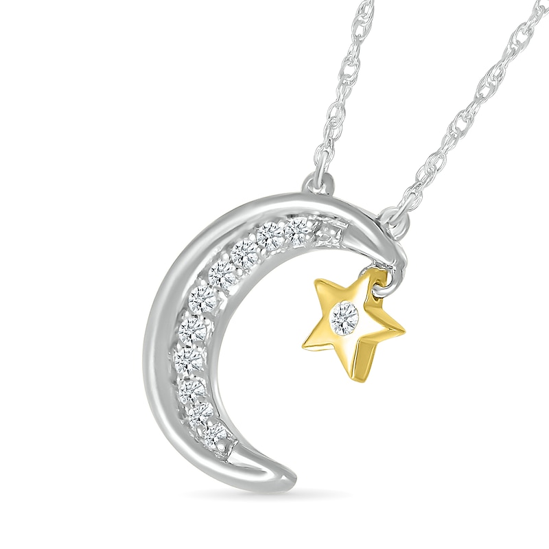 Main Image 2 of 0.04 CT. T.W. Diamond Crescent Moon with Star Dangle Necklace in Sterling Silver and 10K Gold Plate