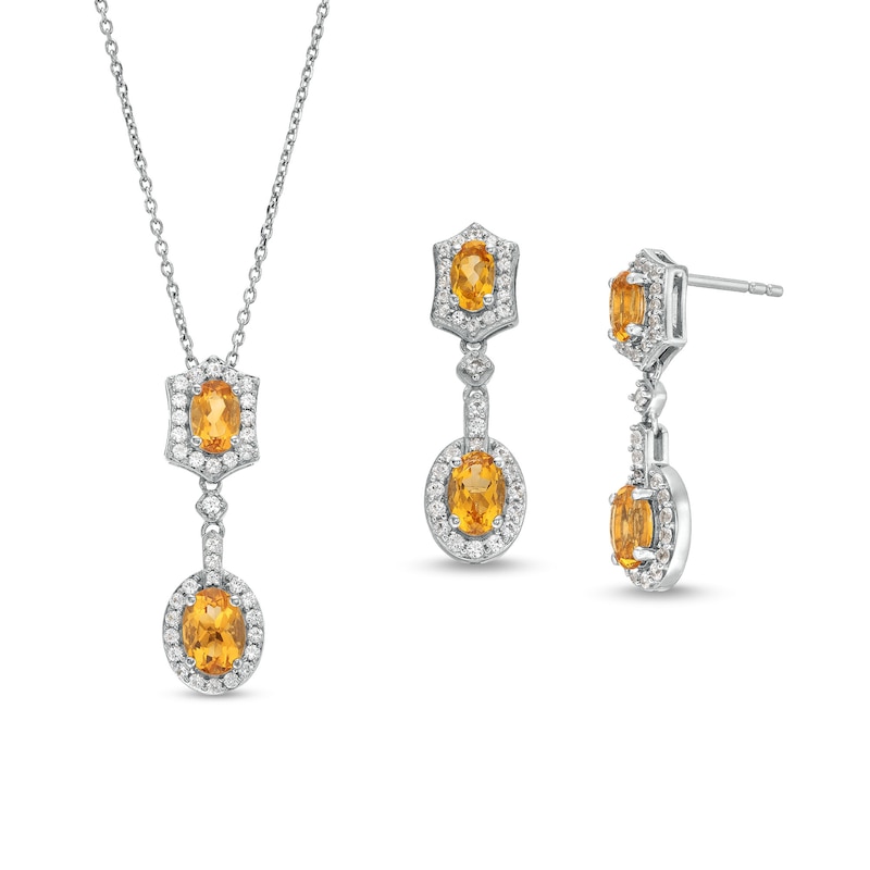 Oval Citrine and White Lab-Created Sapphire Ornate Frame Pendant and Drop Earrings Set in Sterling Silver|Peoples Jewellers