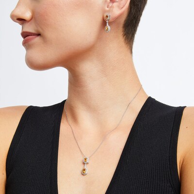 Oval Citrine and White Lab-Created Sapphire Ornate Frame Pendant and Drop Earrings Set in Sterling Silver