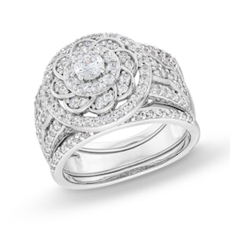 1.45 CT. T.W. Diamond Frame Celtic-Style Flower Bridal Set in 10K White Gold