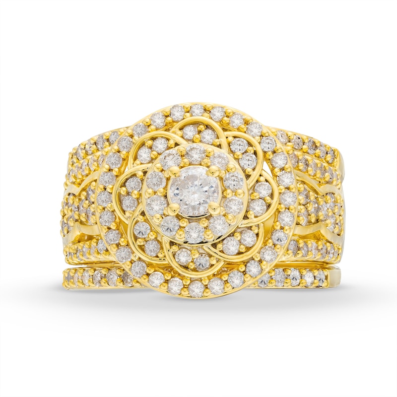 1.45 CT. T.W. Diamond Frame Celtic-Style Flower Bridal Set in 10K Gold
