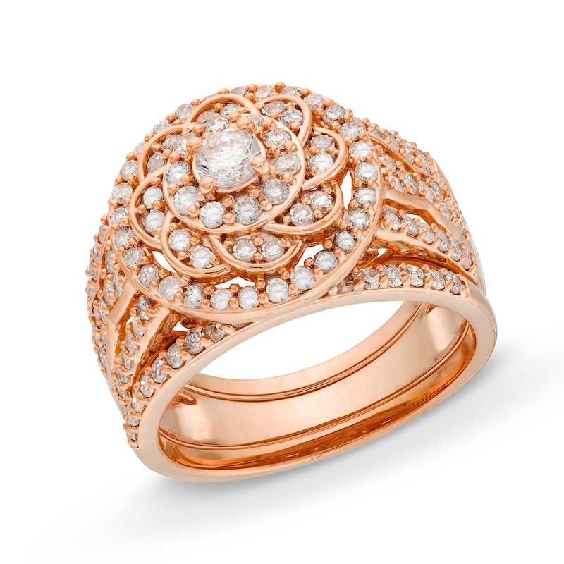 1.45 CT. T.W. Diamond Frame Celtic-Style Flower Bridal Set in 10K Rose Gold