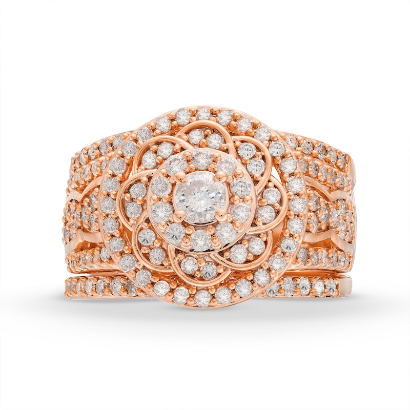 1.45 CT. T.W. Diamond Frame Celtic-Style Flower Bridal Set in 10K Rose Gold