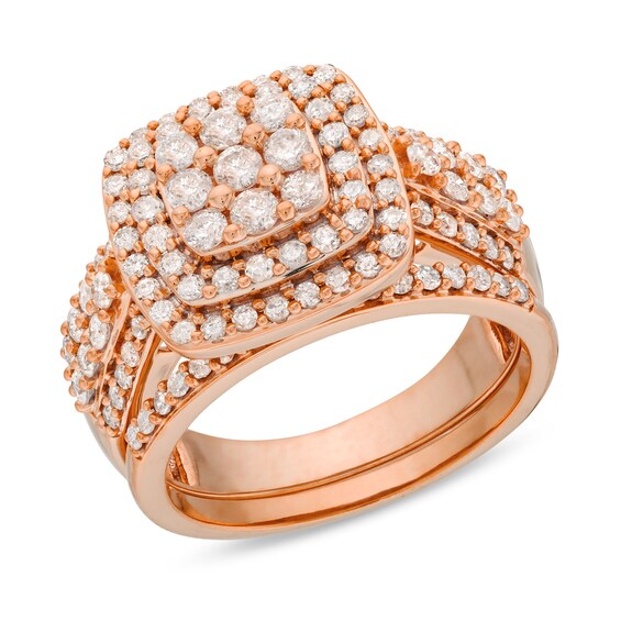 1.29 CT. T.W. Cushion Multi-Diamond Bow-Tie Bridal Set in 10K Rose Gold