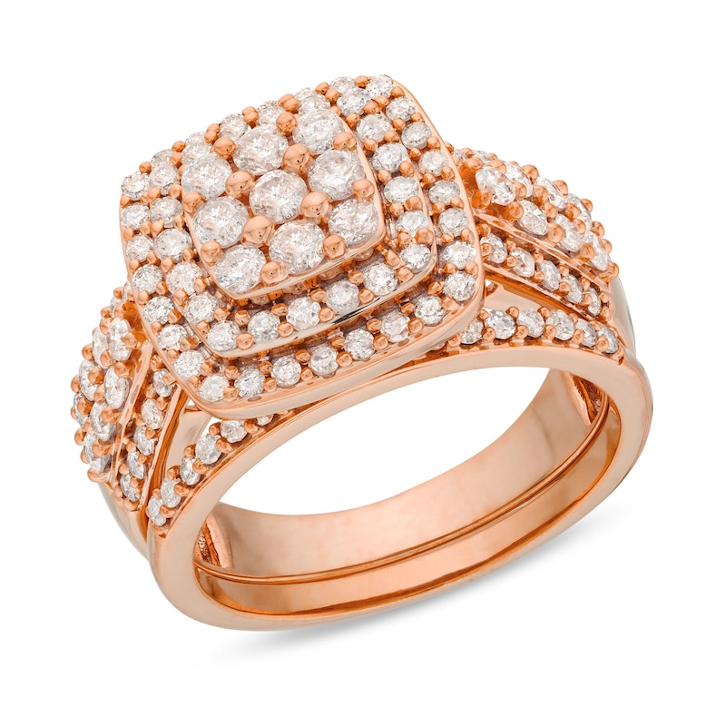 1.29 CT. T.W. Cushion Multi-Diamond Bow-Tie Bridal Set in 10K Rose Gold