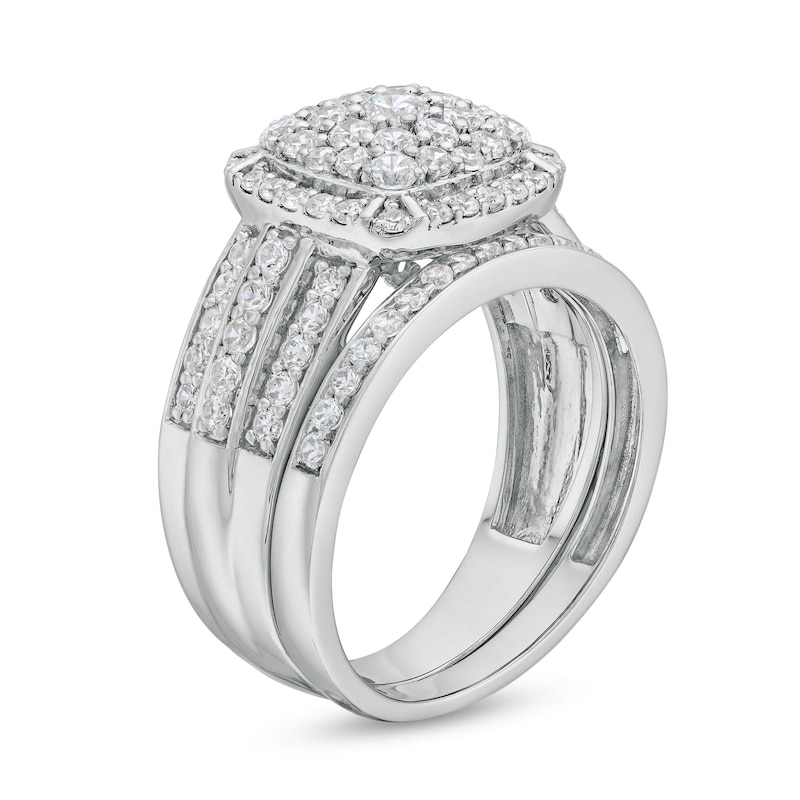1.23 CT. T.W. Cushion Multi-Diamond Triple Row Bridal Set in 10K Gold