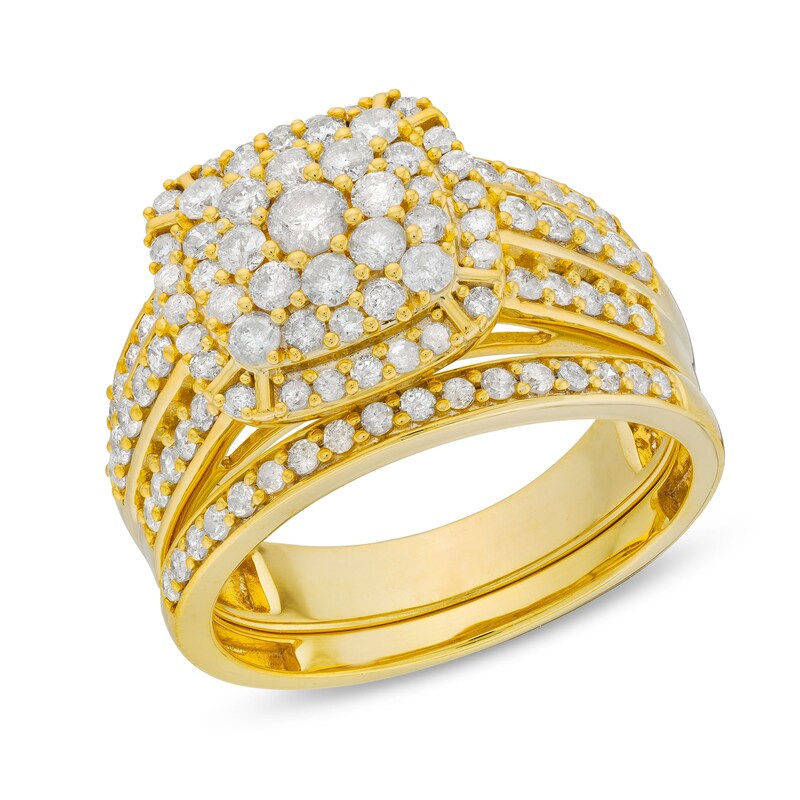 Main Image 1 of 1.23 CT. T.W. Cushion Multi-Diamond Triple Row Bridal Set in 10K Gold