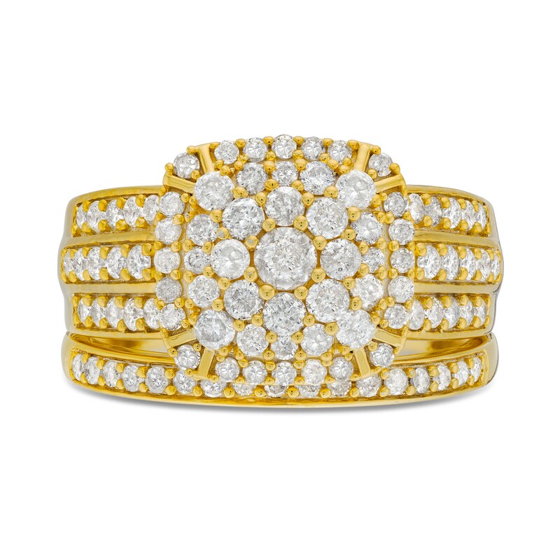 Main Image 3 of 1.23 CT. T.W. Cushion Multi-Diamond Triple Row Bridal Set in 10K Gold