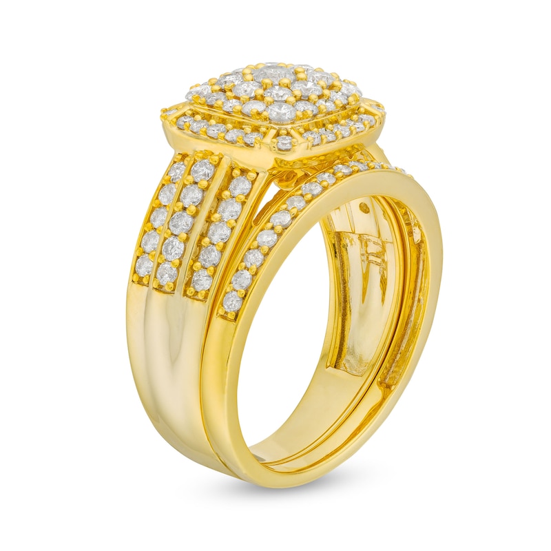 Main Image 4 of 1.23 CT. T.W. Cushion Multi-Diamond Triple Row Bridal Set in 10K Gold