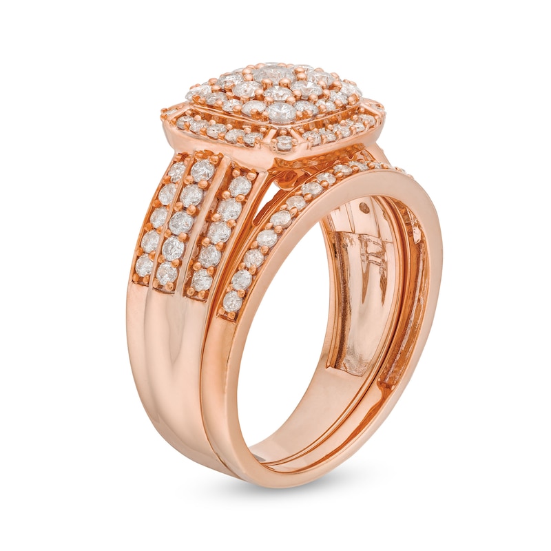 1.23 CT. T.W. Cushion Multi-Diamond Triple Row Bridal Set in 10K Rose Gold
