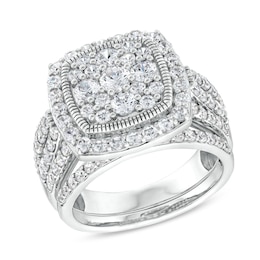 1.95 CT. T.W. Cushion Multi-Diamond Frame Split Shank Vintage-Style Bridal Set in 10K White Gold