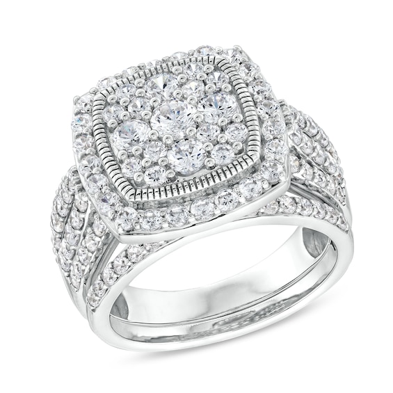 1.95 CT. T.W. Cushion Multi-Diamond Frame Split Shank Vintage-Style Bridal Set in 10K White Gold