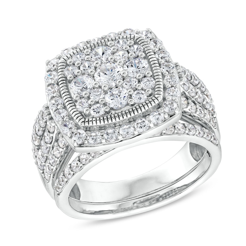 Main Image 1 of 1.95 CT. T.W. Cushion Multi-Diamond Frame Split Shank Vintage-Style Bridal Set in 10K White Gold