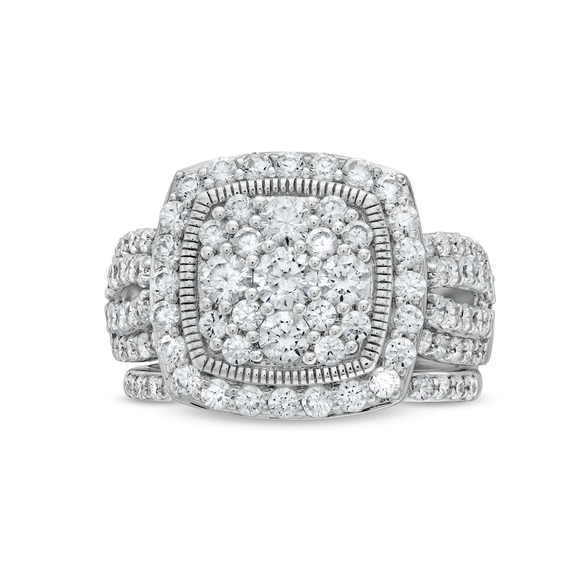 Main Image 3 of 1.95 CT. T.W. Cushion Multi-Diamond Frame Split Shank Vintage-Style Bridal Set in 10K White Gold