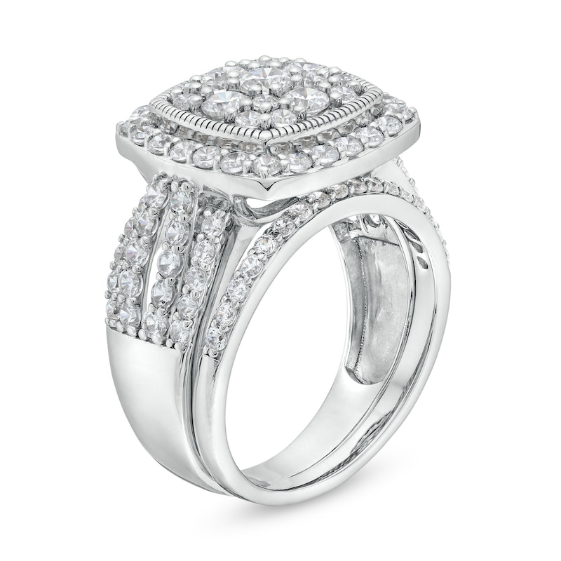 Main Image 4 of 1.95 CT. T.W. Cushion Multi-Diamond Frame Split Shank Vintage-Style Bridal Set in 10K White Gold