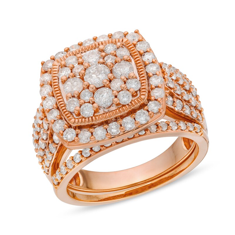 1.95 CT. T.W. Cushion Multi-Diamond Frame Split Shank Vintage-Style Bridal Set in 10K Rose Gold