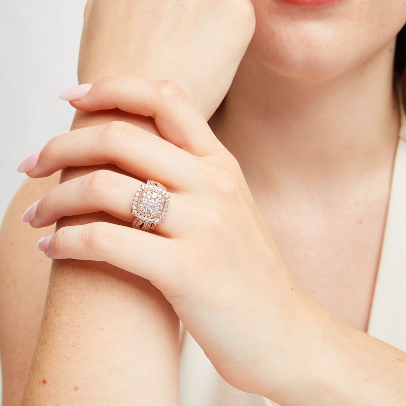 1.95 CT. T.W. Cushion Multi-Diamond Frame Split Shank Vintage-Style Bridal Set 10K Rose Gold