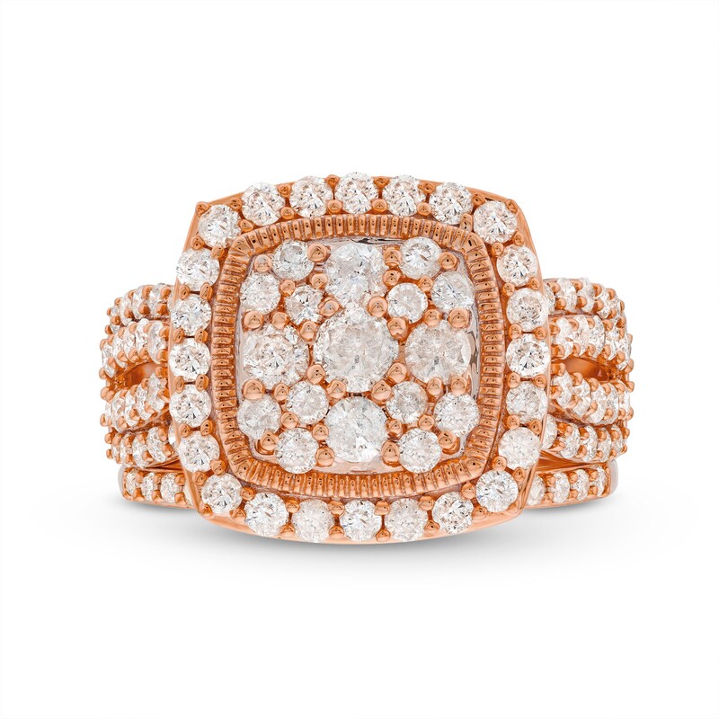 1.95 CT. T.W. Cushion Multi-Diamond Frame Split Shank Vintage-Style Bridal Set 10K Rose Gold