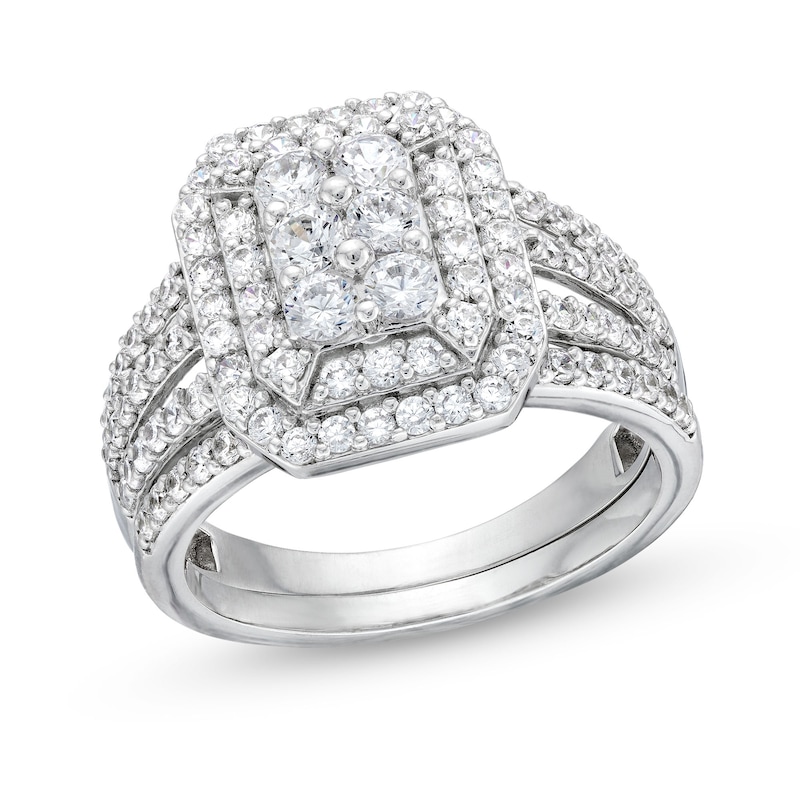 Main Image 1 of 1.23 CT. T.W. Emerald Multi-Diamond Elongated Art Deco Split Shank Bridal Set in 10K White Gold