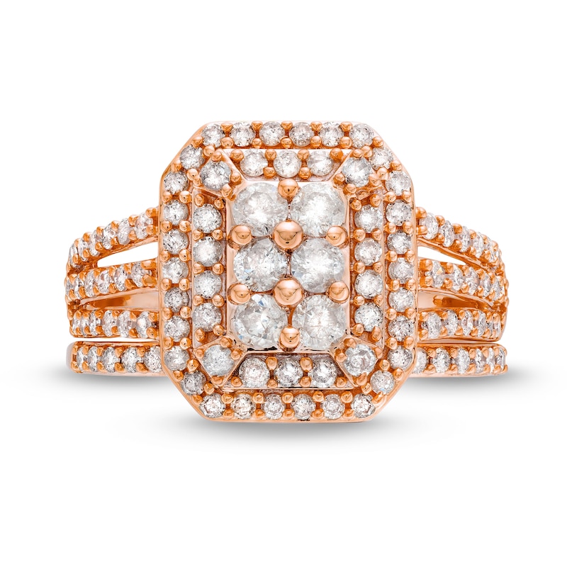 1.23 CT. T.W. Emerald Multi-Diamond Elongated Art Deco Split Shank Bridal Set in 10K Rose Gold