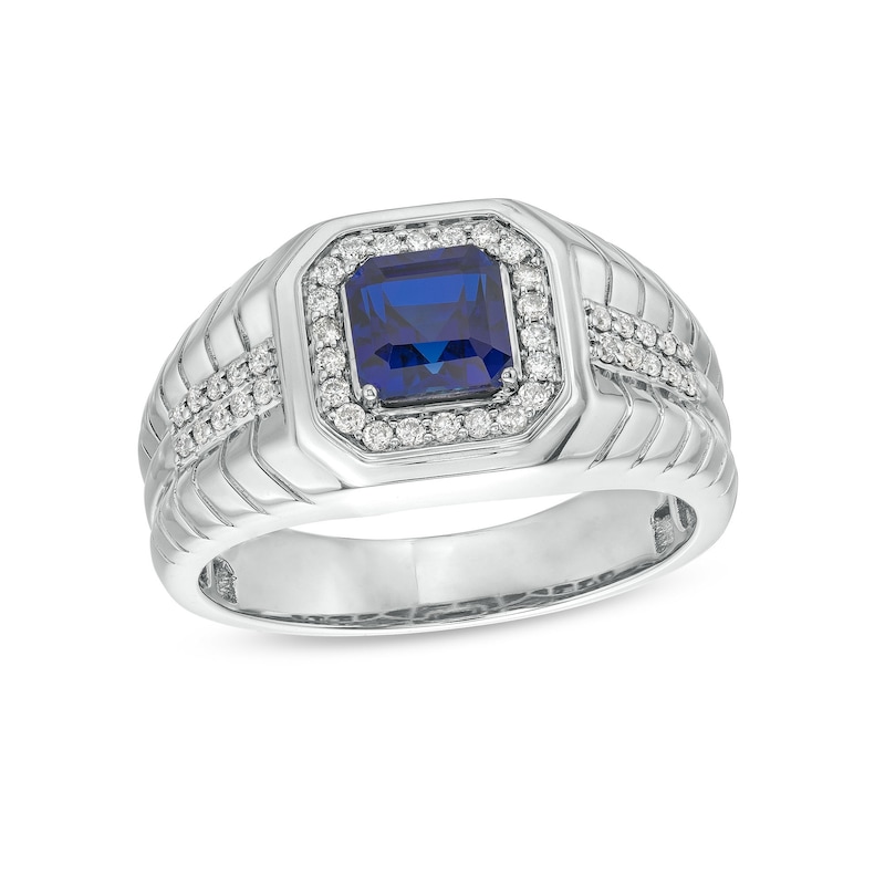 Main Image 1 of Men's Octagon-Shaped Blue Lab-Created Sapphire and 0.25 CT. T.W. Diamond Square-Top Ribbed Shank Ring in 10K White Gold