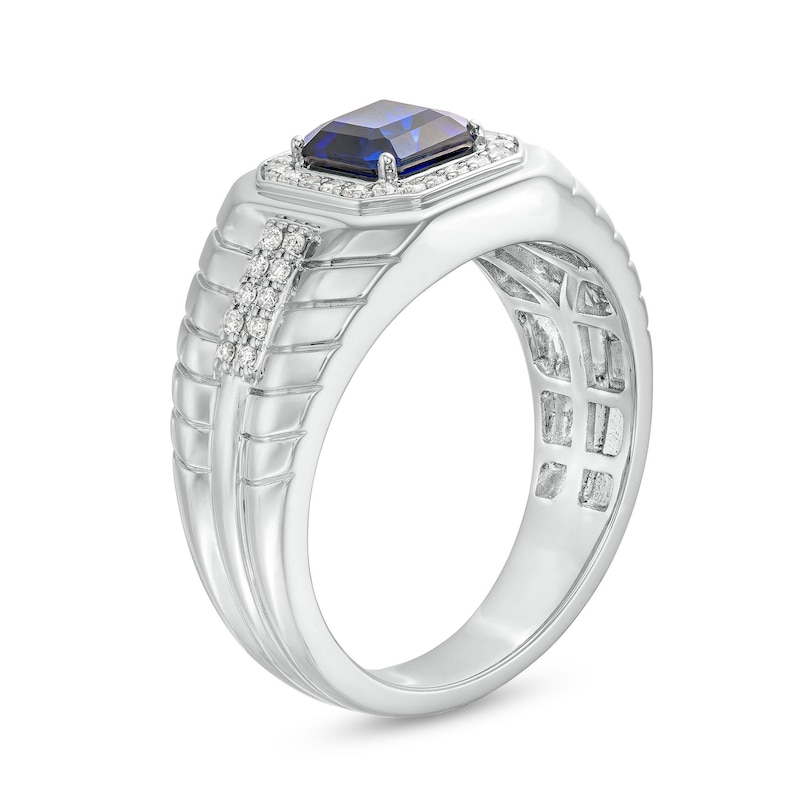 Main Image 3 of Men's Octagon-Shaped Blue Lab-Created Sapphire and 0.25 CT. T.W. Diamond Square-Top Ribbed Shank Ring in 10K White Gold
