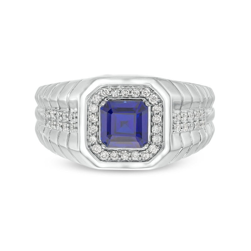 Main Image 4 of Men's Octagon-Shaped Blue Lab-Created Sapphire and 0.25 CT. T.W. Diamond Square-Top Ribbed Shank Ring in 10K White Gold