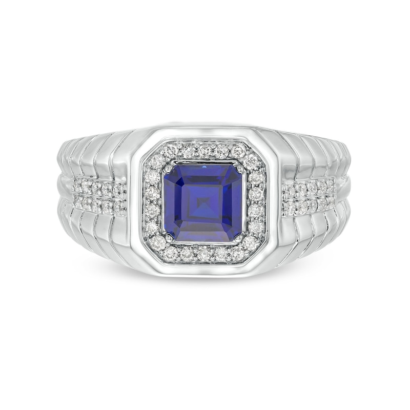 Men's Octagon-Shaped Blue Lab-Created Sapphire and 0.25 CT. T.W. Diamond Square-Top Ribbed Shank Ring in 10K White Gold|Peoples Jewellers