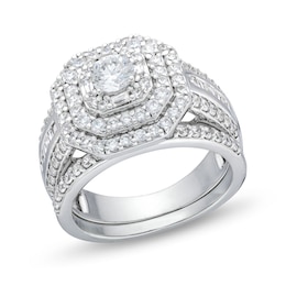 1.45 CT. T.W. Diamond Cushion Triple Row Octagon Frame Bridal Set in 10K White Gold