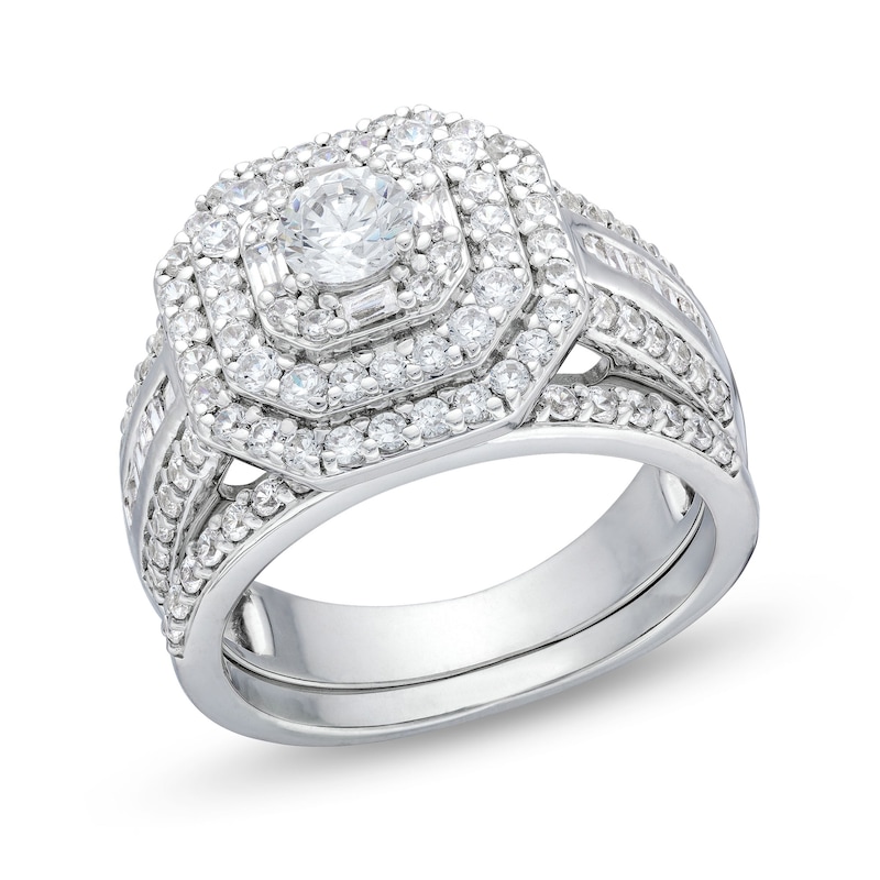 Main Image 1 of 1.45 CT. T.W. Diamond Cushion Triple Row Octagon Frame Bridal Set in 10K White Gold