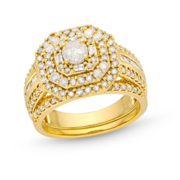 1.45 CT. T.W. Diamond Cushion Triple Row Octagon Frame Bridal Set in 10K Gold