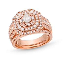 1.45 CT. T.W. Diamond Cushion Triple Row Octagon Frame Bridal Set in 10K Rose Gold