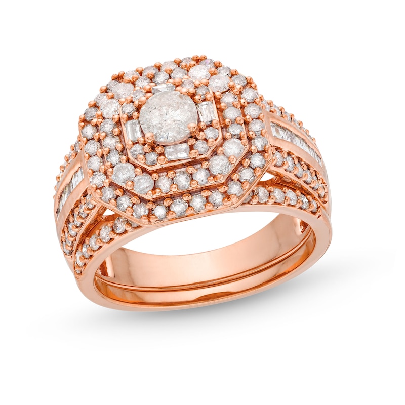 1.45 CT. T.W. Diamond Cushion Triple Row Octagon Frame Bridal Set in 10K Rose Gold