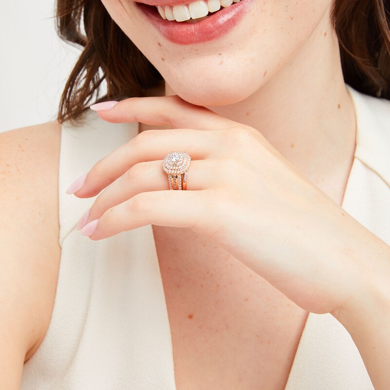 Main Image 2 of 1.45 CT. T.W. Diamond Cushion Triple Row Octagon Frame Bridal Set in 10K Rose Gold