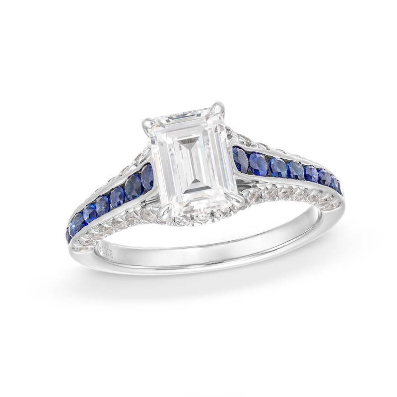 Vera Wang Love Collection 1.45 CT. T.W. Emerald-Cut Certified Diamond and Sapphire Engagement Ring in 14K White Gold