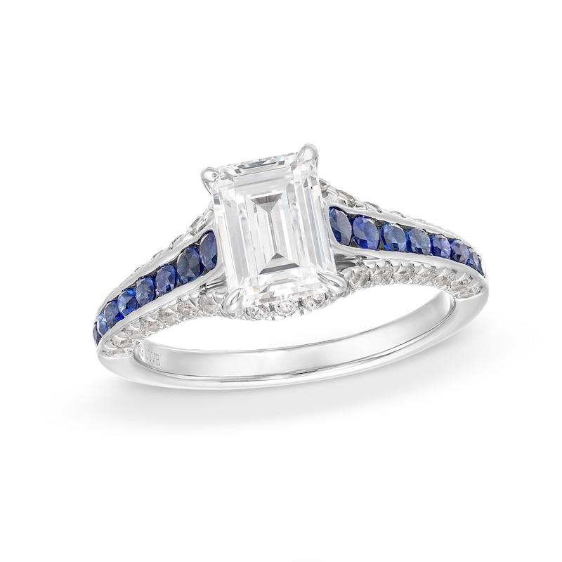 Vera Wang Love Collection 1.45 CT. T.W. Emerald-Cut Certified Diamond and Sapphire Engagement Ring in 14K White Gold|Peoples Jewellers