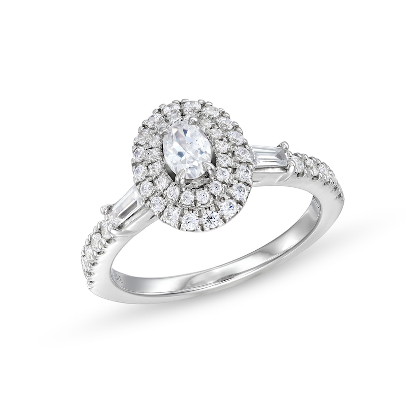 Main Image 1 of Vera Wang Love Collection 0.69 CT. T.W. Oval Diamond Double Frame Engagement Ring in 14K White Gold (I/SI2)