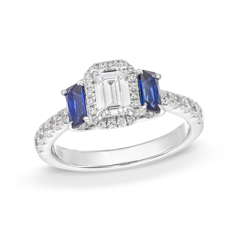 Vera Wang Love Collection 1.23 CT. T.W. Emerald-Cut Diamond and Sapphire Three Stone Engagement Ring in 14K White Gold|Peoples Jewellers