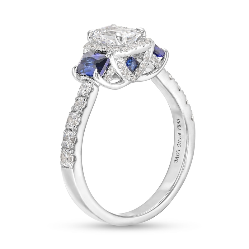 Main Image 3 of Vera Wang Love Collection 1.23 CT. T.W. Emerald-Cut Diamond and Sapphire Three Stone Engagement Ring in 14K White Gold