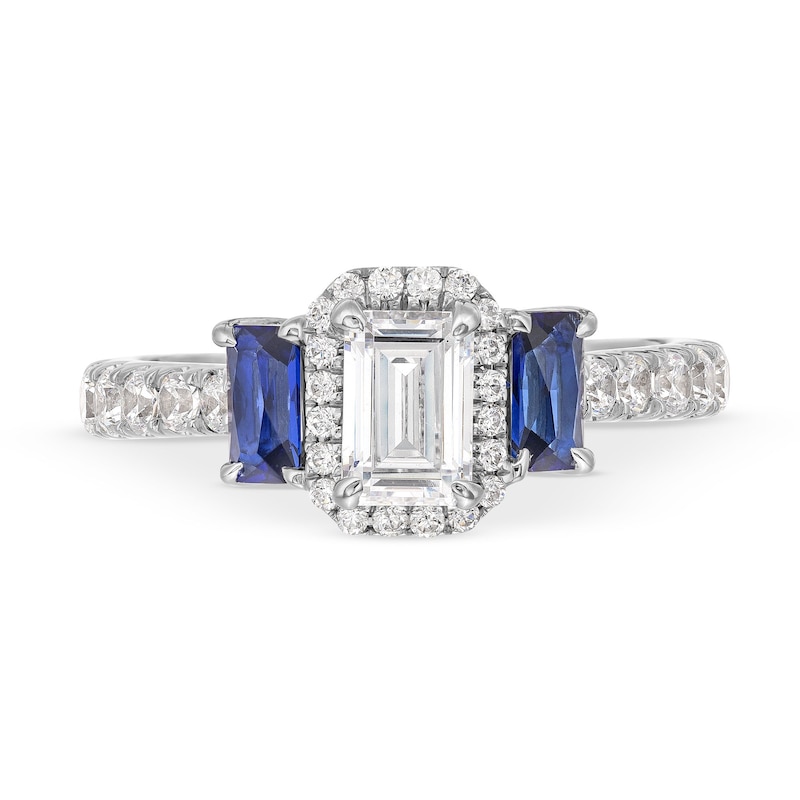 Main Image 4 of Vera Wang Love Collection 1.23 CT. T.W. Emerald-Cut Diamond and Sapphire Three Stone Engagement Ring in 14K White Gold