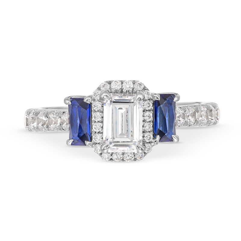 Vera Wang Love Collection 1.23 CT. T.W. Emerald-Cut Diamond and Sapphire Three Stone Engagement Ring in 14K White Gold