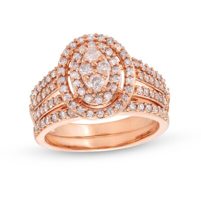 0.95 CT. T.W. Oval Multi-Diamond Triple Row Split Shank Bridal Set in 10K Rose Gold