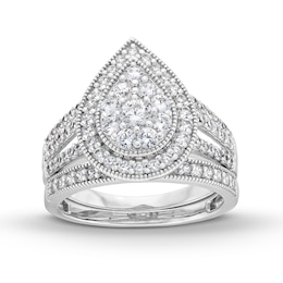1.23 CT. T.W. Pear Multi-Diamond Teardrop Frame Split Shank Vintage-Style Bridal Set in 10K White Gold