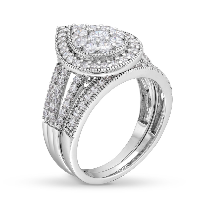 Main Image 3 of 1.23 CT. T.W. Pear Multi-Diamond Teardrop Frame Split Shank Vintage-Style Bridal Set in 10K White Gold