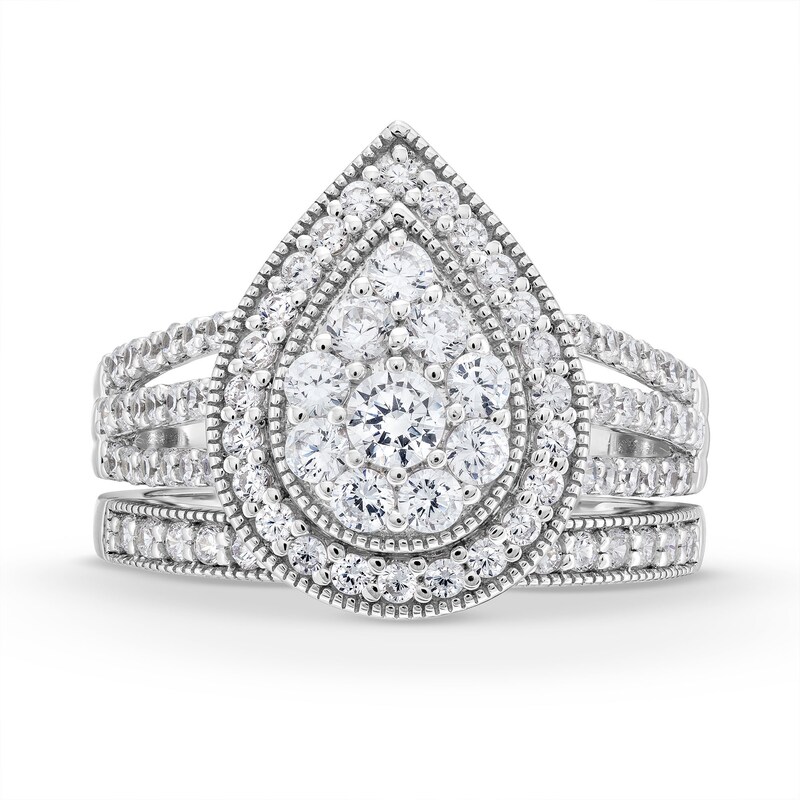 Main Image 4 of 1.23 CT. T.W. Pear Multi-Diamond Teardrop Frame Split Shank Vintage-Style Bridal Set in 10K White Gold