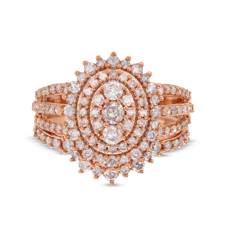 1.23 CT. T.W. Oval Multi-Diamond Sunburst Frame Split Shank Bridal Set in 10K Rose Gold