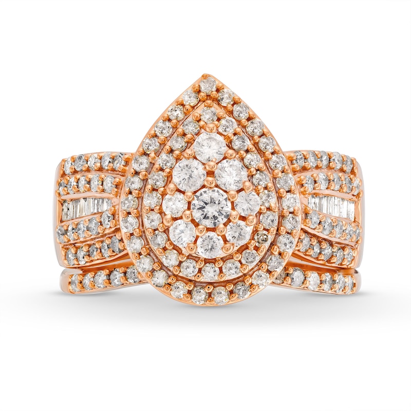 1.23 CT. T.W. Pear Multi-Diamond Teardrop Bow-Tie Bridal Set in 10K Rose Gold