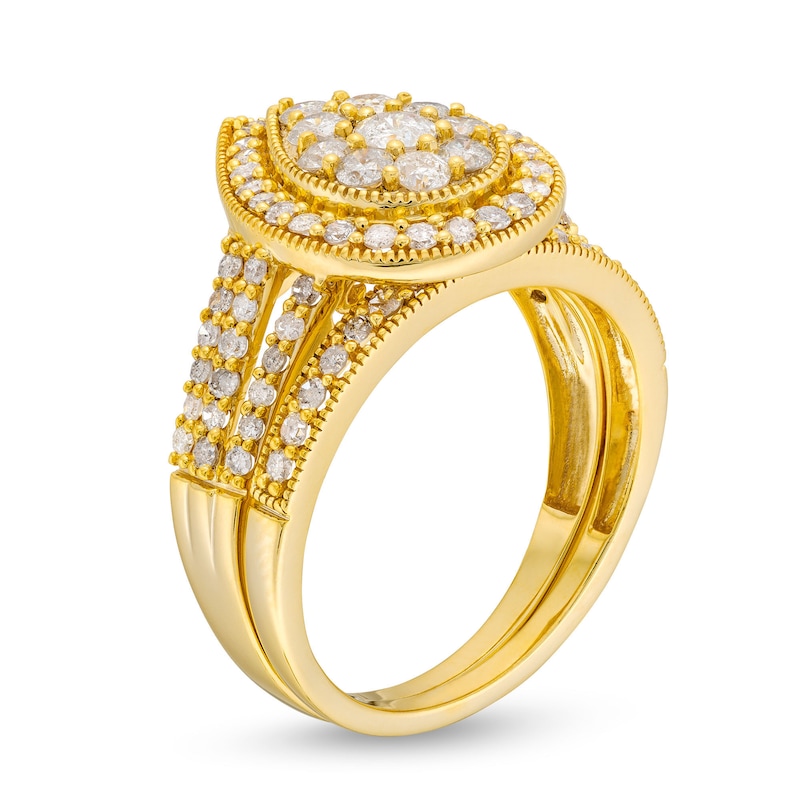 Main Image 3 of 1.23 CT. T.W. Pear Multi-Diamond Teardrop Frame Split Shank Vintage-Style Bridal Set in 10K Gold