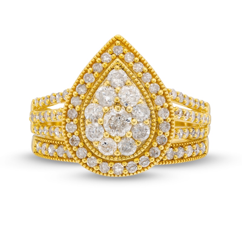 Main Image 4 of 1.23 CT. T.W. Pear Multi-Diamond Teardrop Frame Split Shank Vintage-Style Bridal Set in 10K Gold